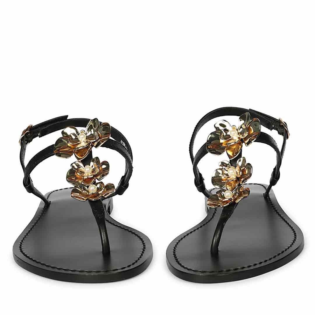Saint Orion Flower Black Metallic Leather Sandals