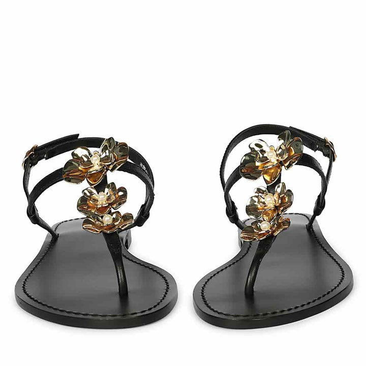 Saint Orion Flower Black Metallic Leather Sandals