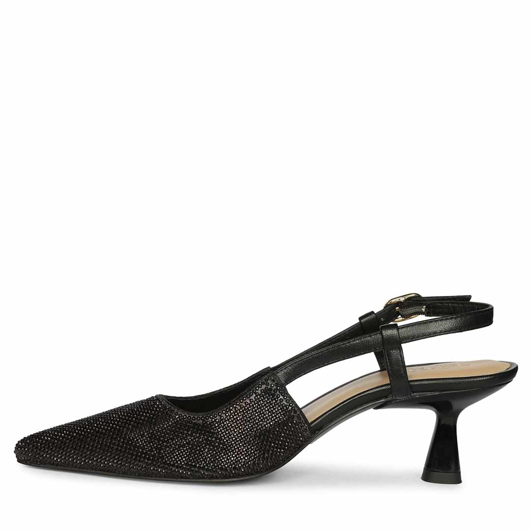 Saint Trinity Crystal Glimmer Slingback Black Leather Heels