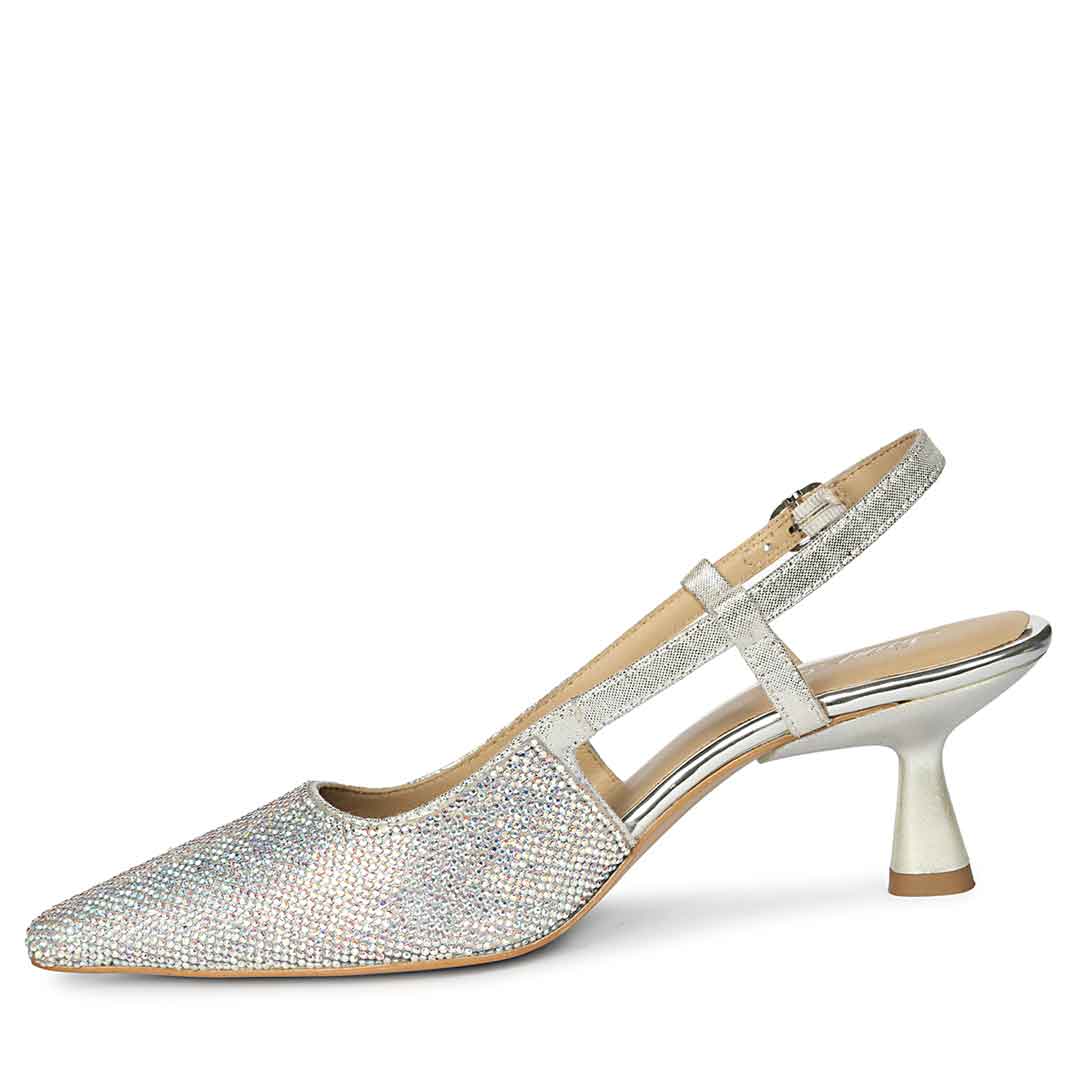 Saint Trinity Crystal Glimmer Slingback Silver Leather Heels
