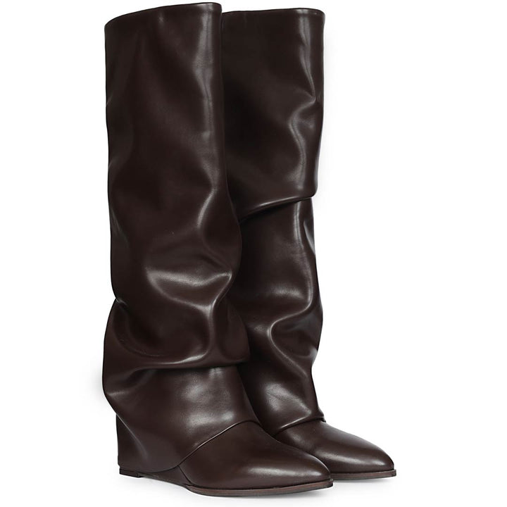 Saint Arlet Slouch Fold-Over Brown Wedge Knee-High Boots