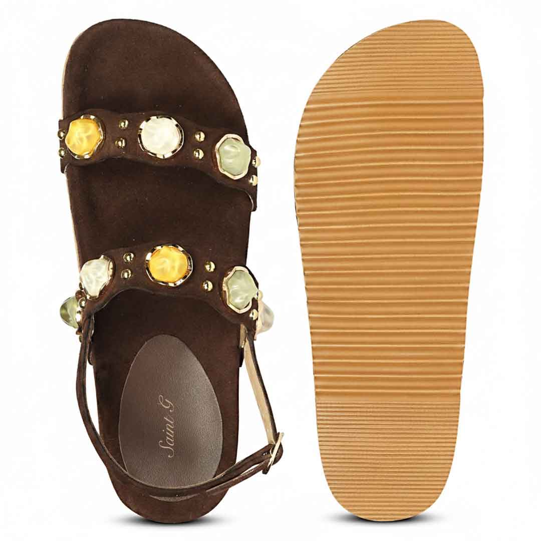 Saint Solira Multi Stone Brown Leather Footbed Sandals