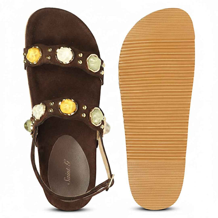 Saint Solira Multi Stone Brown Leather Footbed Sandals