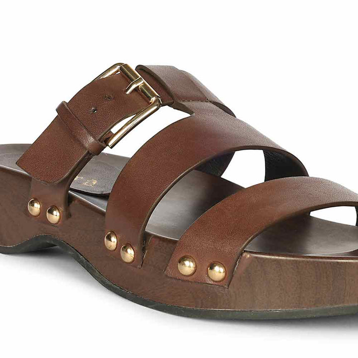 Saint Valene Buckle Brown Leather Platform Sandals