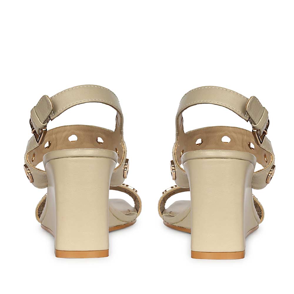 Saint Kendall Gold Flower Eyelets Beige Leather Wedge Heels