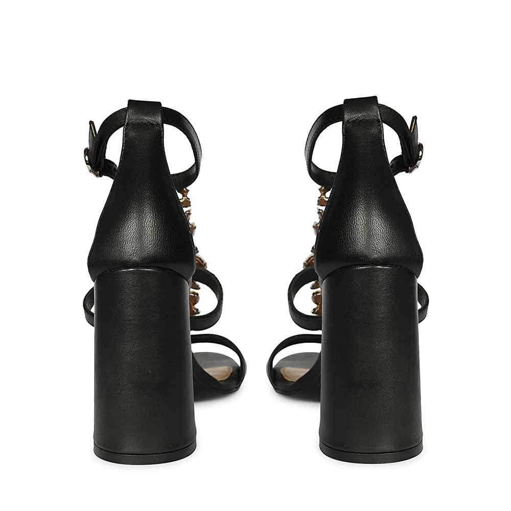 Saint Colleen Silver Stone Metallic Black Leather Block Heels