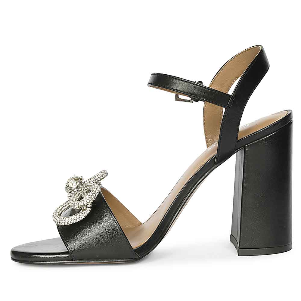 Saint Macy Silver Butterfly Jewel Black Leather Block Heels
