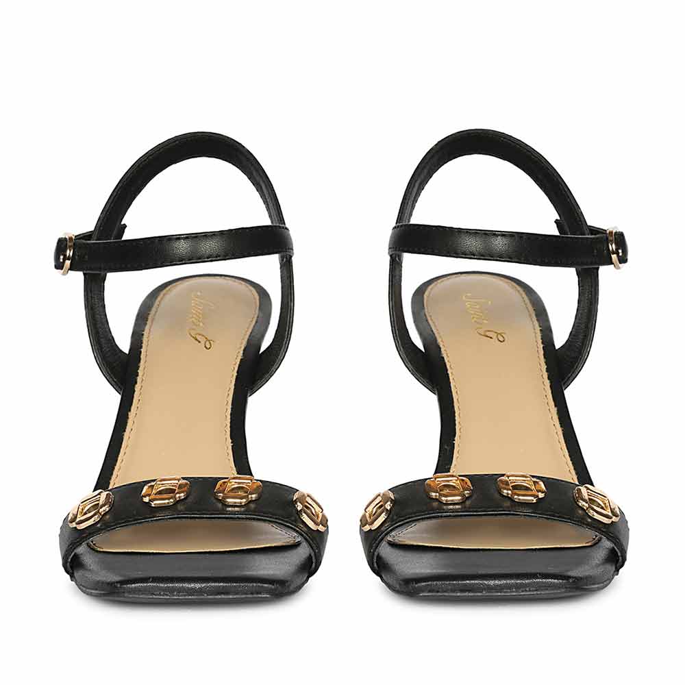 Saint Dahlia Gold Flower Eyelets Black Leather Heels
