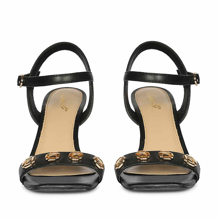 Saint Dahlia Gold Flower Eyelets Black Leather Heels