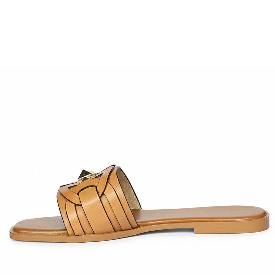 Saint Tyla Tan Leather Pyramid Stud Slides