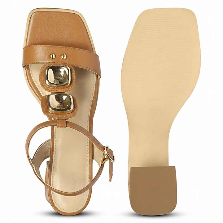 Saint Zoriel Gold Trim Tan Leather Block Heels