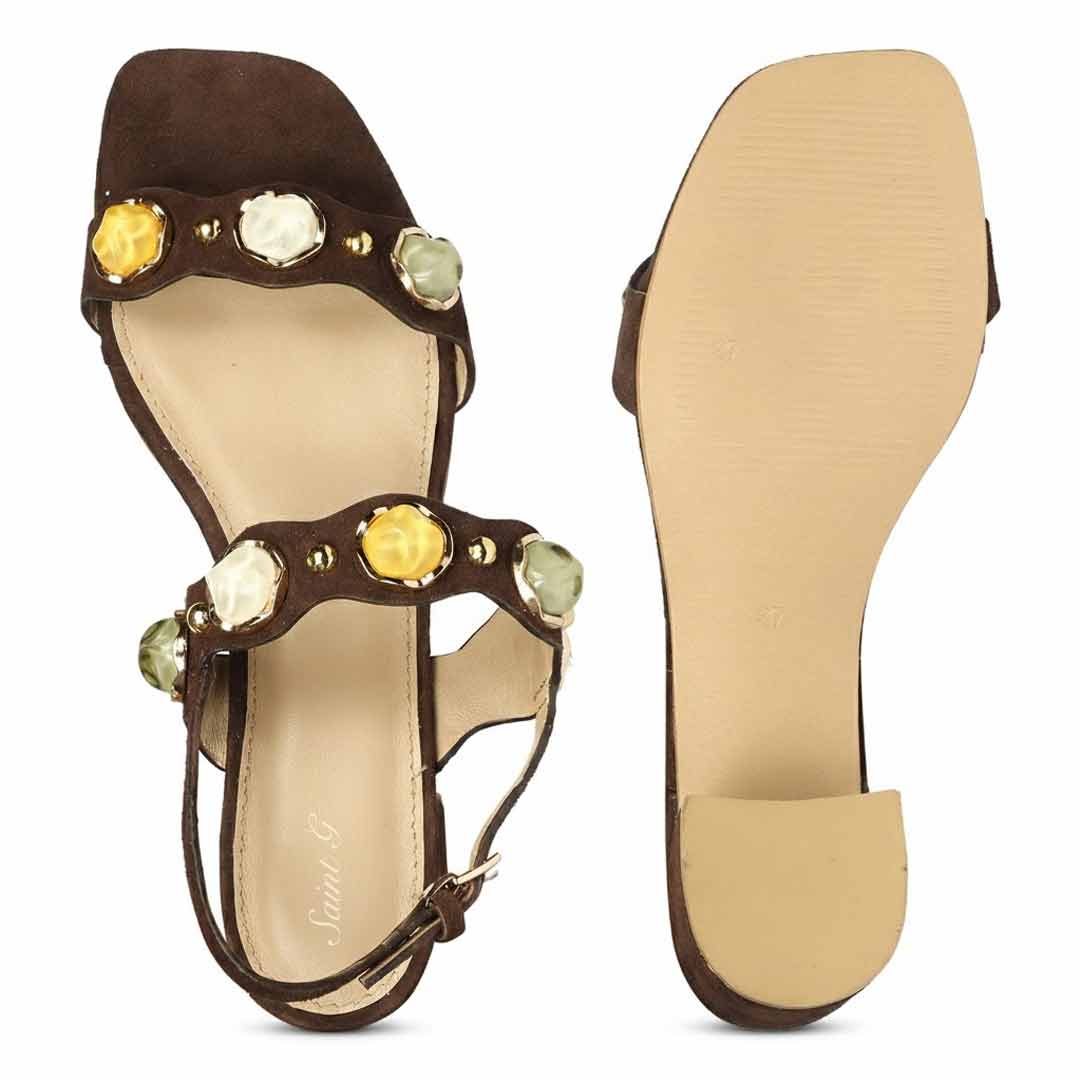 Saint Solira Multi-Stone Brown Suede Leather Block Heels