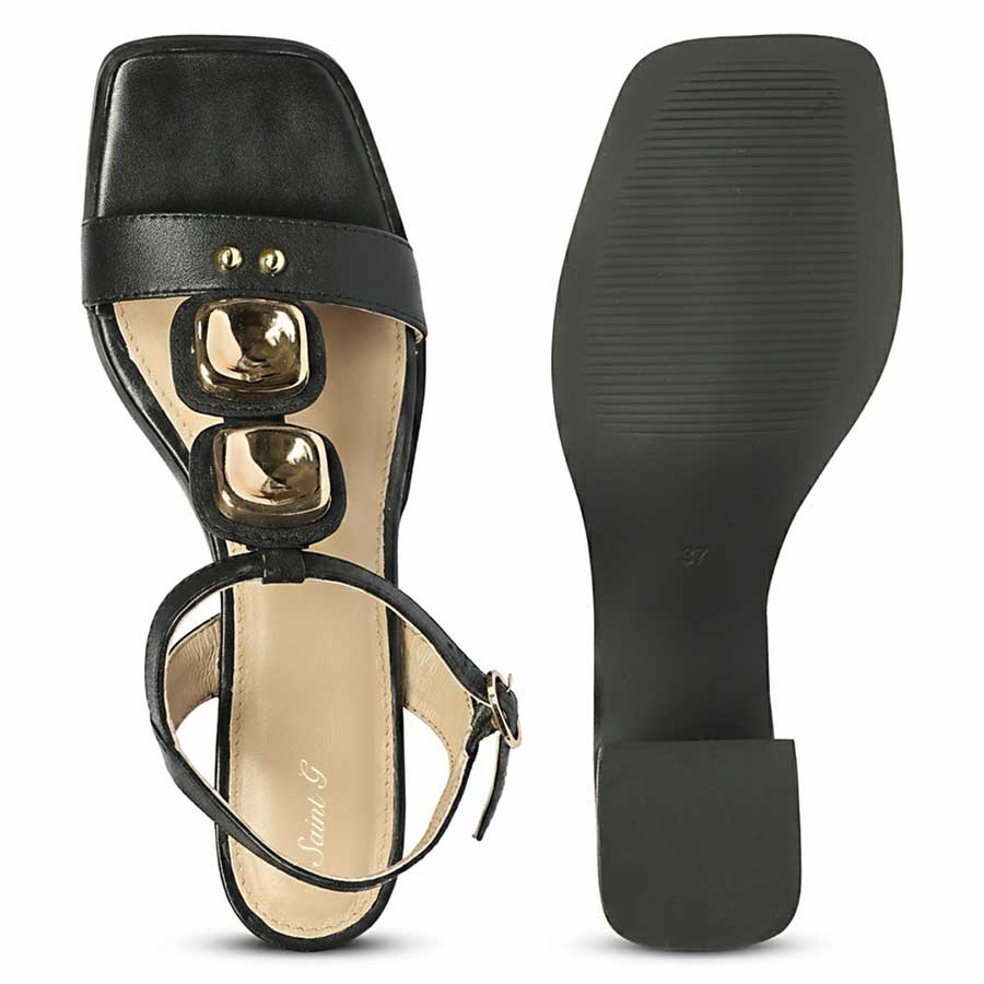 Saint Zoriel Gold Trim Black Leather Block Heels