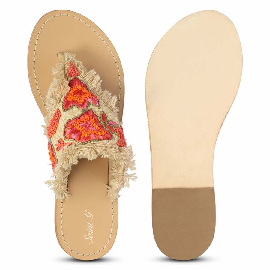 Saint Flora Coral Hand-Embroidered Leather Flats