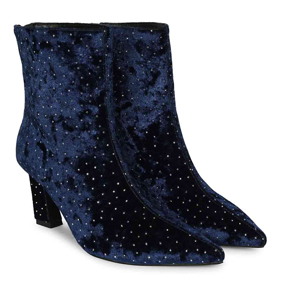 Saint Yara Blue Velvet Strass Ankle Boots