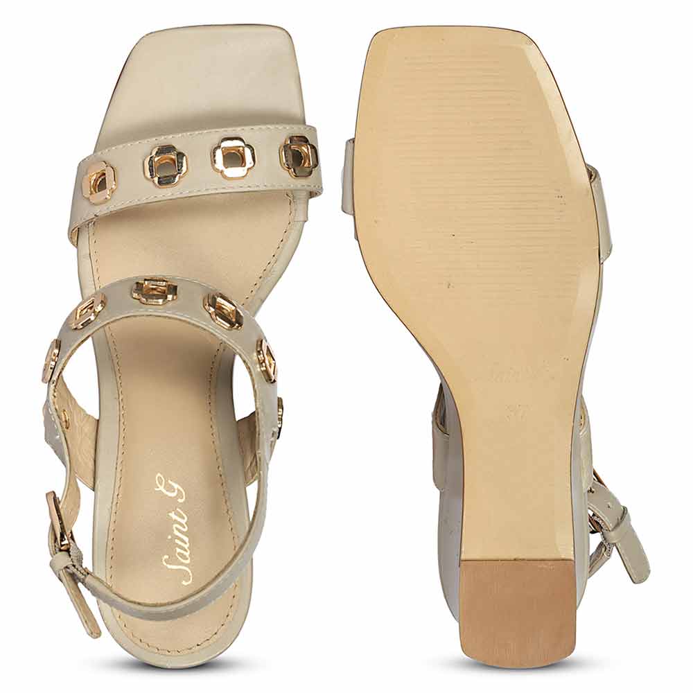 Saint Kendall Gold Flower Eyelets Beige Leather Wedge Heels
