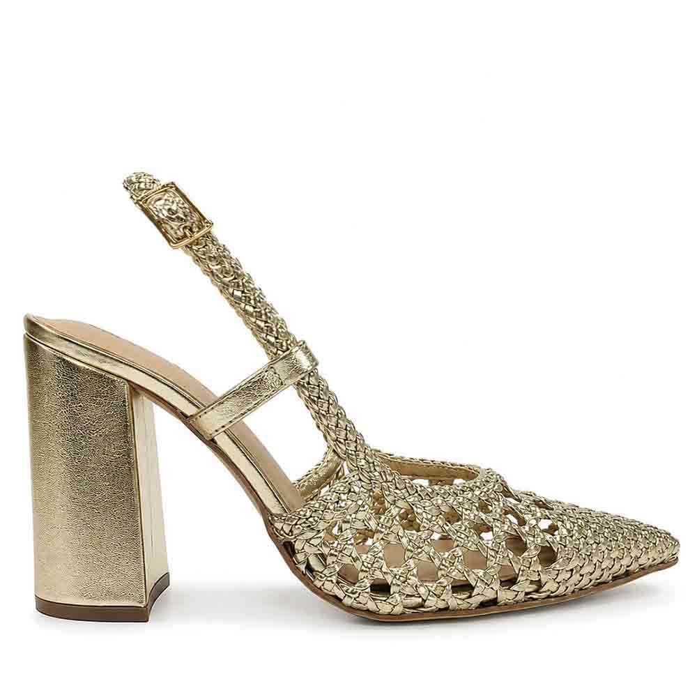 Saint Felicia Gold Woven Leather Block Heels