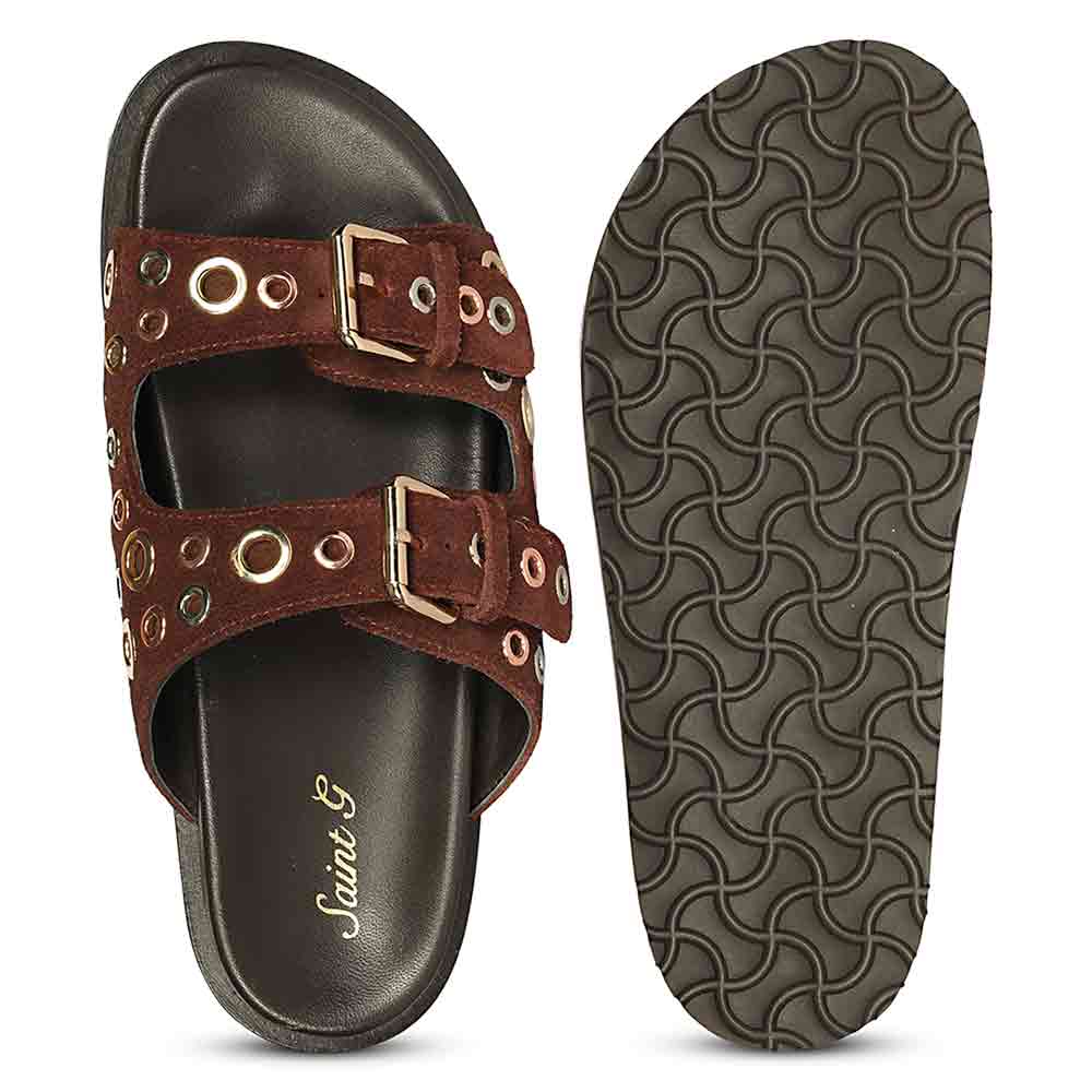 Saint Grethe Eyelets Bordo Suede Leather Footbed Sandals