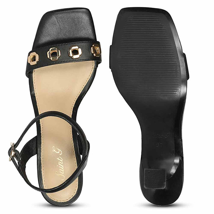 Saint Dahlia Gold Flower Eyelets Black Leather Heels