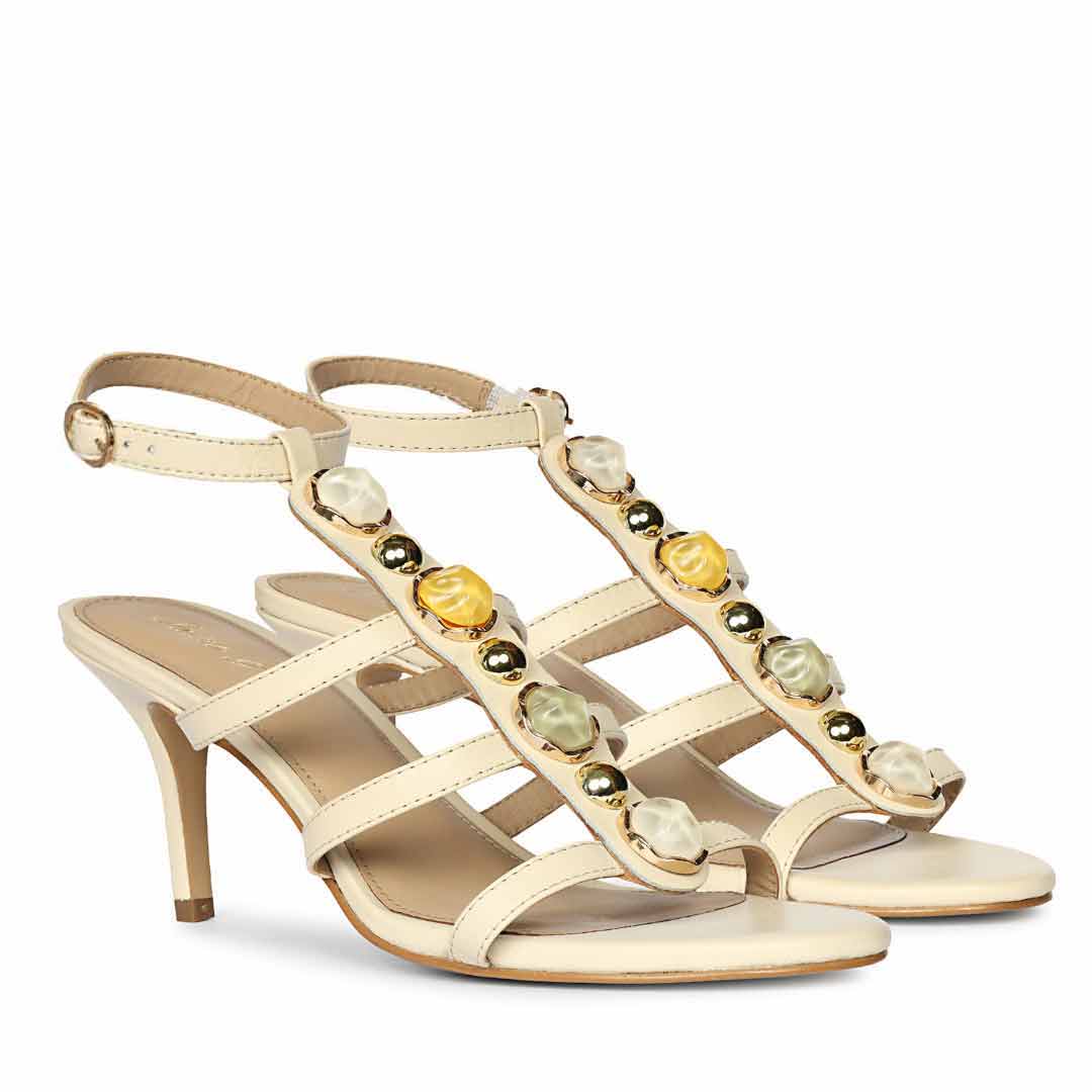 Saint Xiomara Gem T-Strap Off White Leather Stilettos