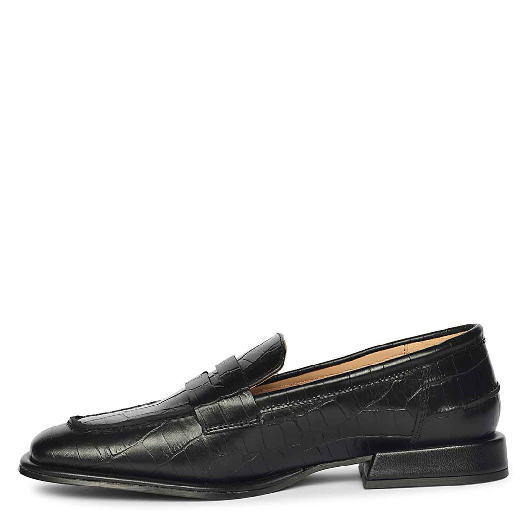 Saint Carla Croco Embossed Black Leather Moccasins