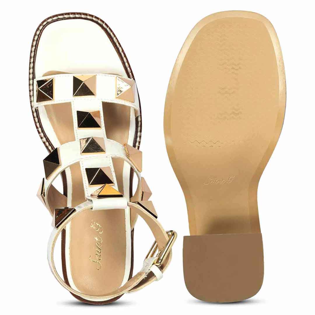 Saint Agnes White Patent Leather Metal Studded Block Heels