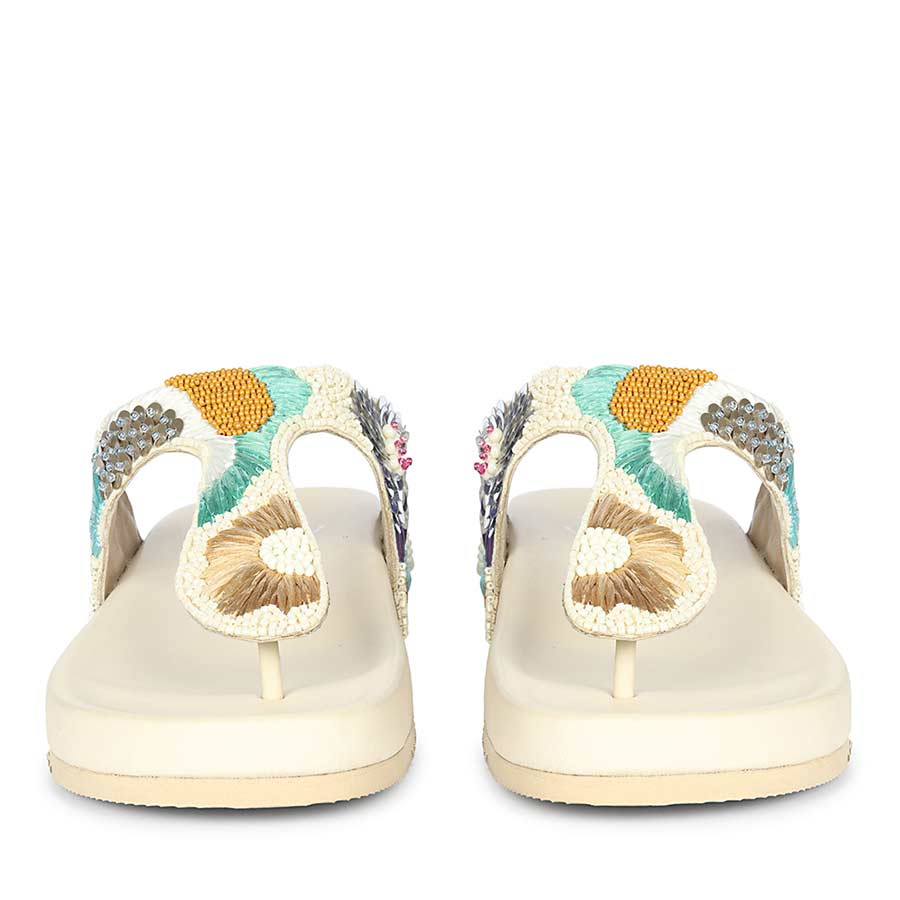 Saint Zaria Embroidered Off-White Leather Thong Footbed