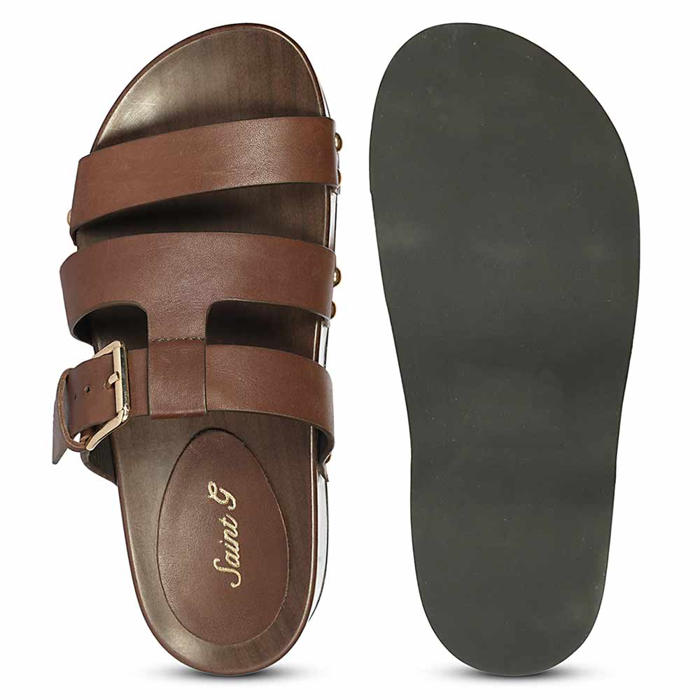 Saint Valene Buckle Brown Leather Platform Sandals