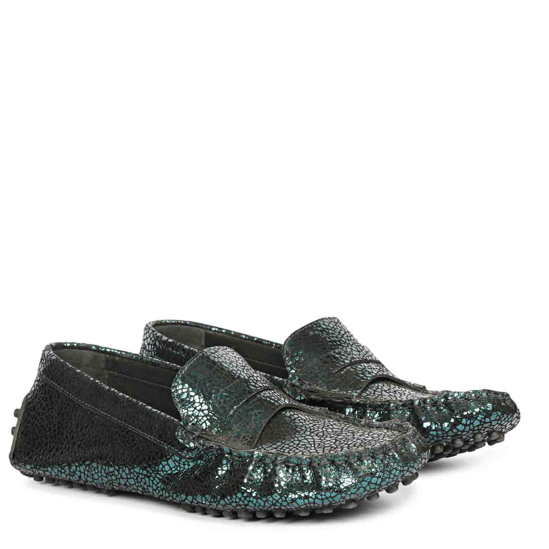 Saint Liana Green Metallic Woven Leather Loafers