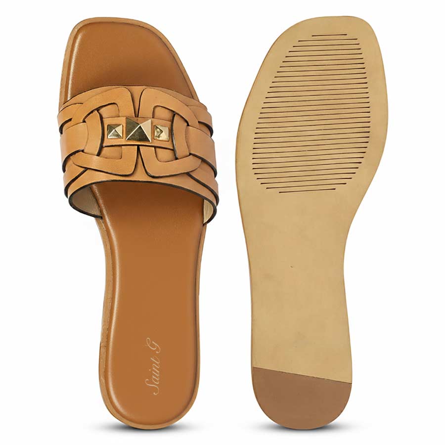 Saint Tyla Tan Leather Pyramid Stud Slides