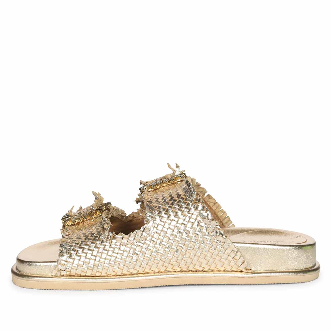 Saint Nuala Crystal Stone Platin Woven Leather Sandals