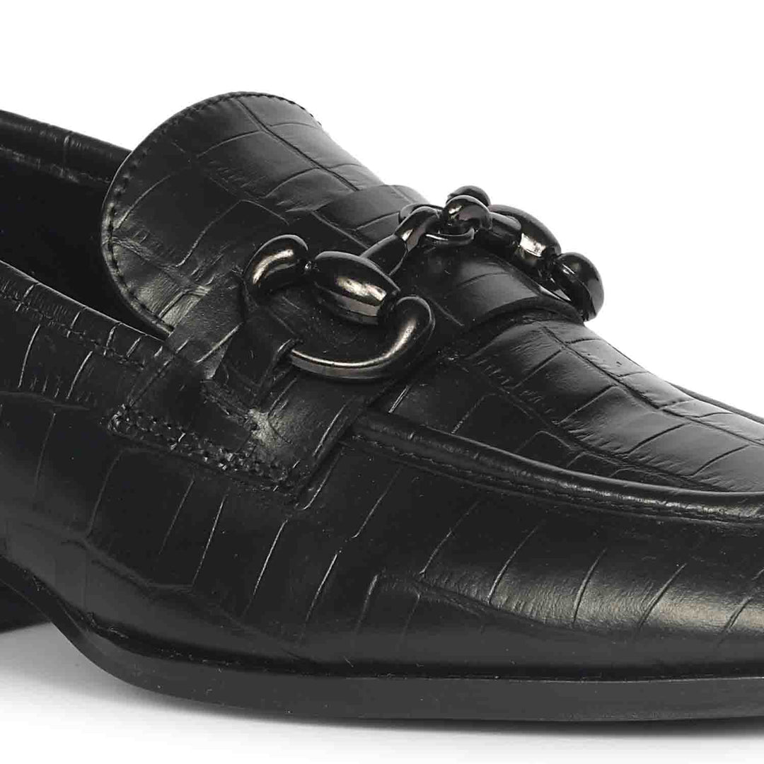 Saint Jacqueline Croc Embossed Black Leather Moccasins