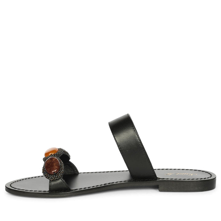 Saint Eva Multi Stone Adorned Black Leather Flats