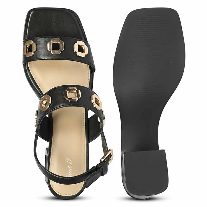 Saint Alviera Gold Flower Eyelets Black Leather Block Heels