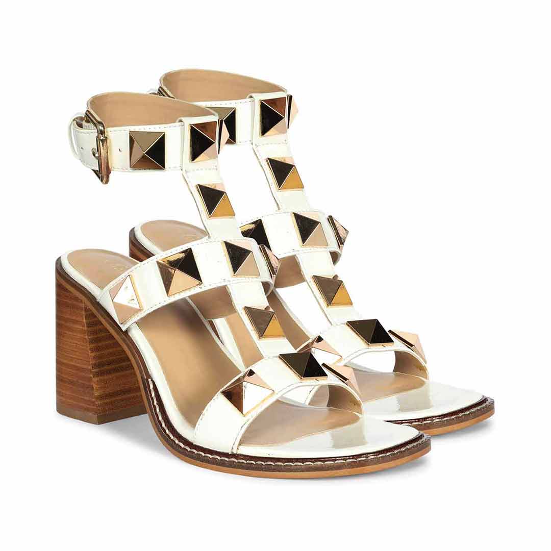 Saint Agnes White Patent Leather Metal Studded Block Heels