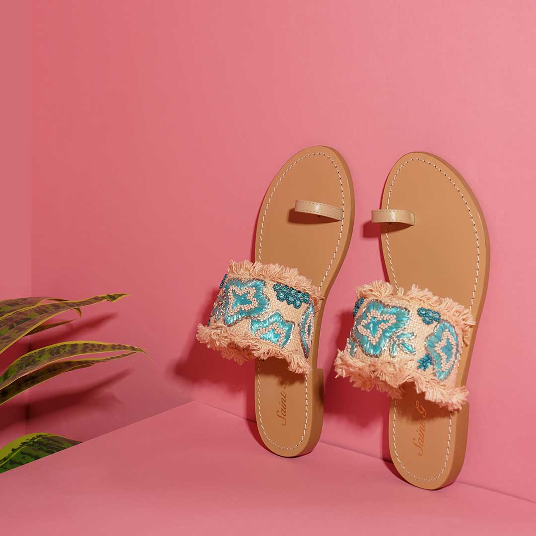 Saint Zuzu Turquoise Embroidered Leather Flats