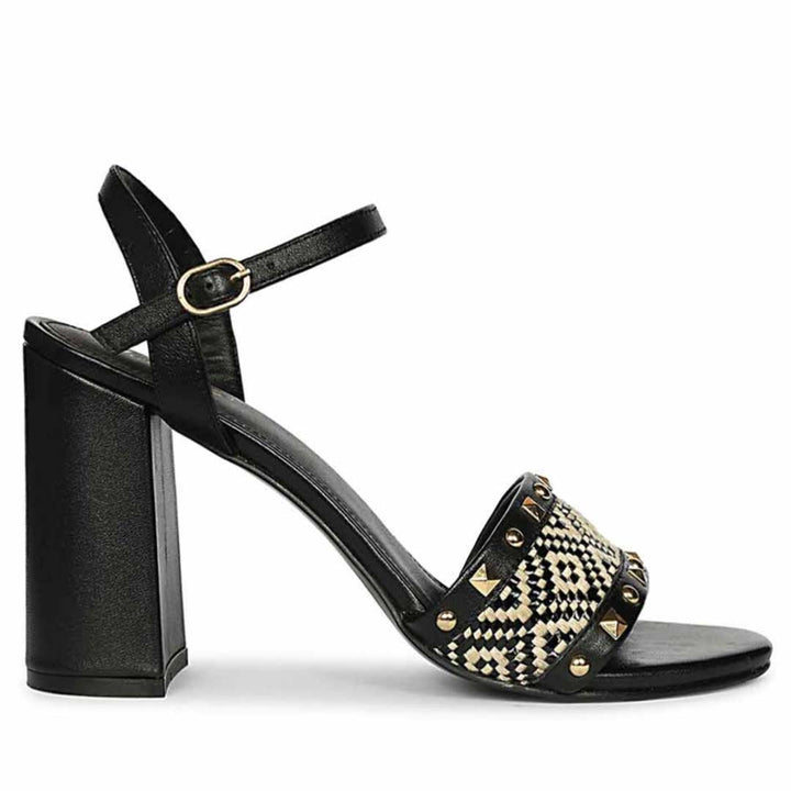 Saint Auric Black Leather Rafia Stud Block Heels
