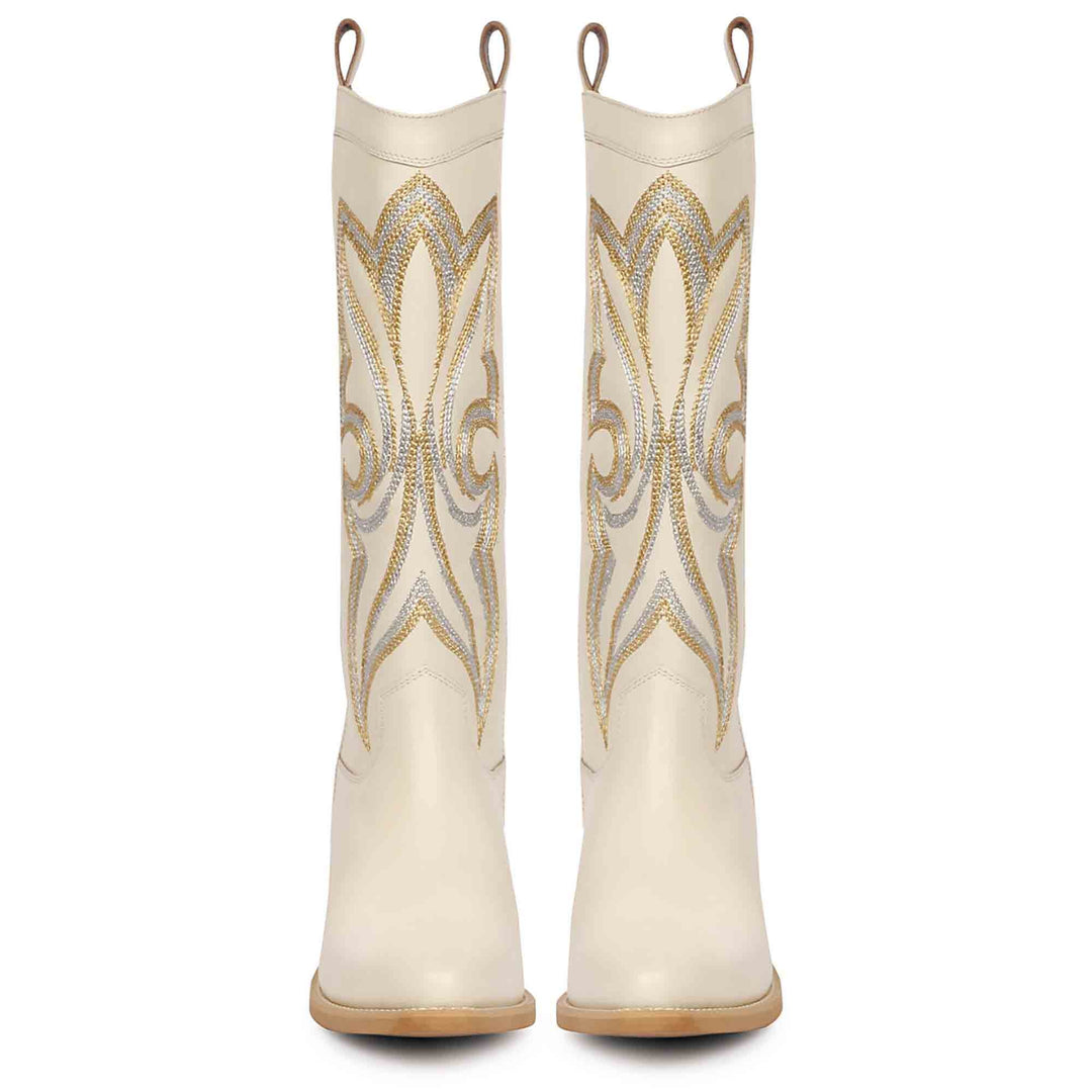 Saint Martina Off White Stitched Leather Cowboy Boots