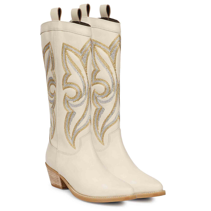 White Stitched Leather Handcrafted Cowboy Boots for women