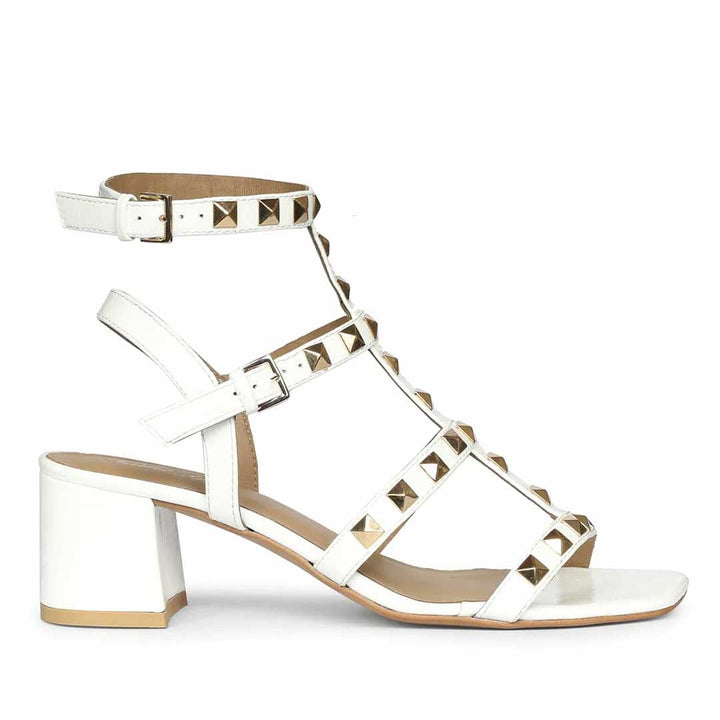 White patent leather studded block heels