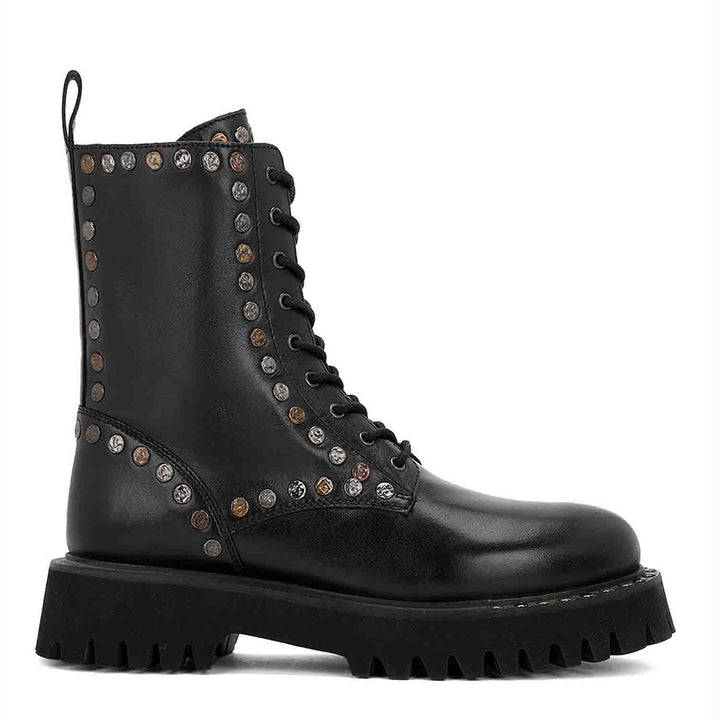 Sleek and edgy SAINT NATALIE boots with metal studs, lace-up design, and high ankle for a stylish look