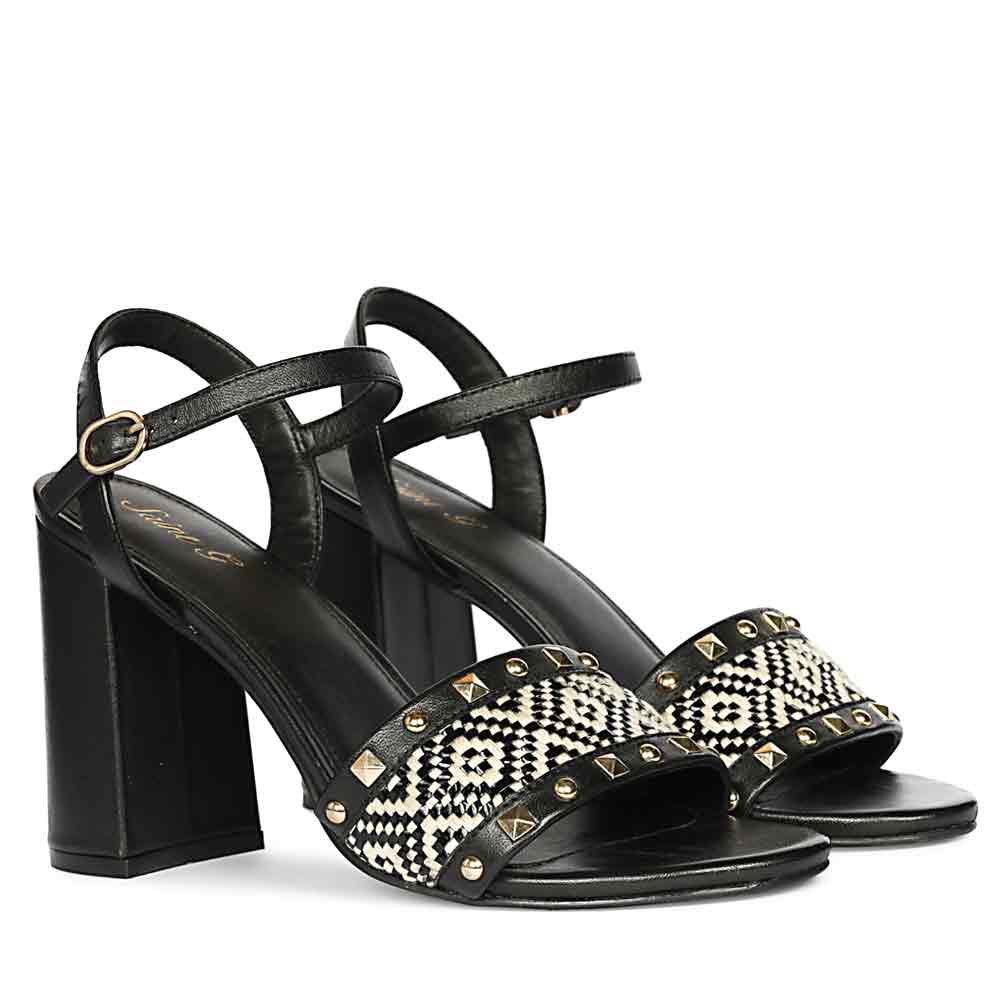 Saint Auric Black Leather Rafia Stud Block Heels
