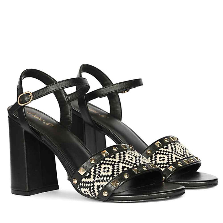 Saint Auric Black Leather Rafia Stud Block Heels