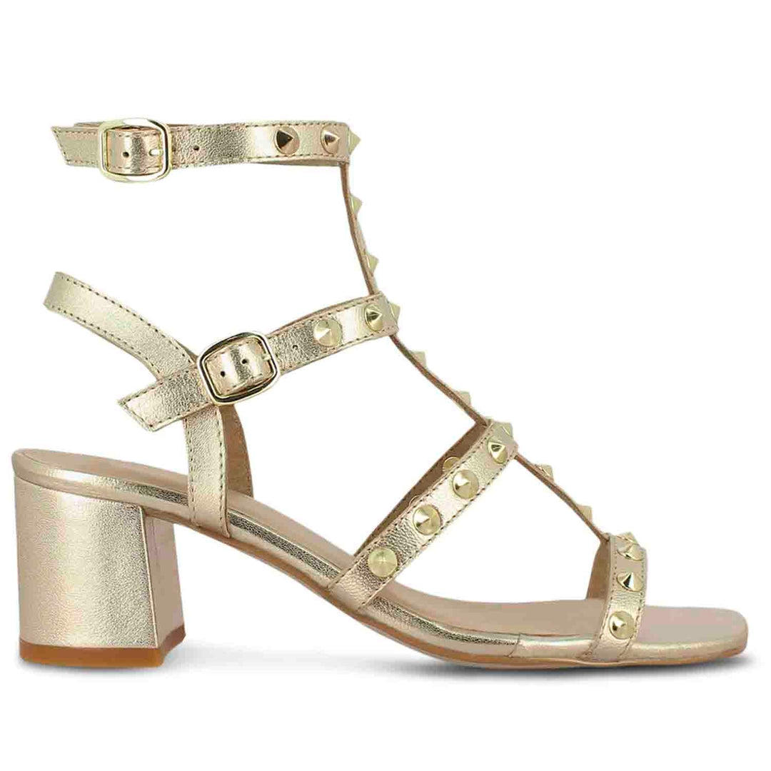 Saint Camilla Gold Leather Metal Studded Block Heels