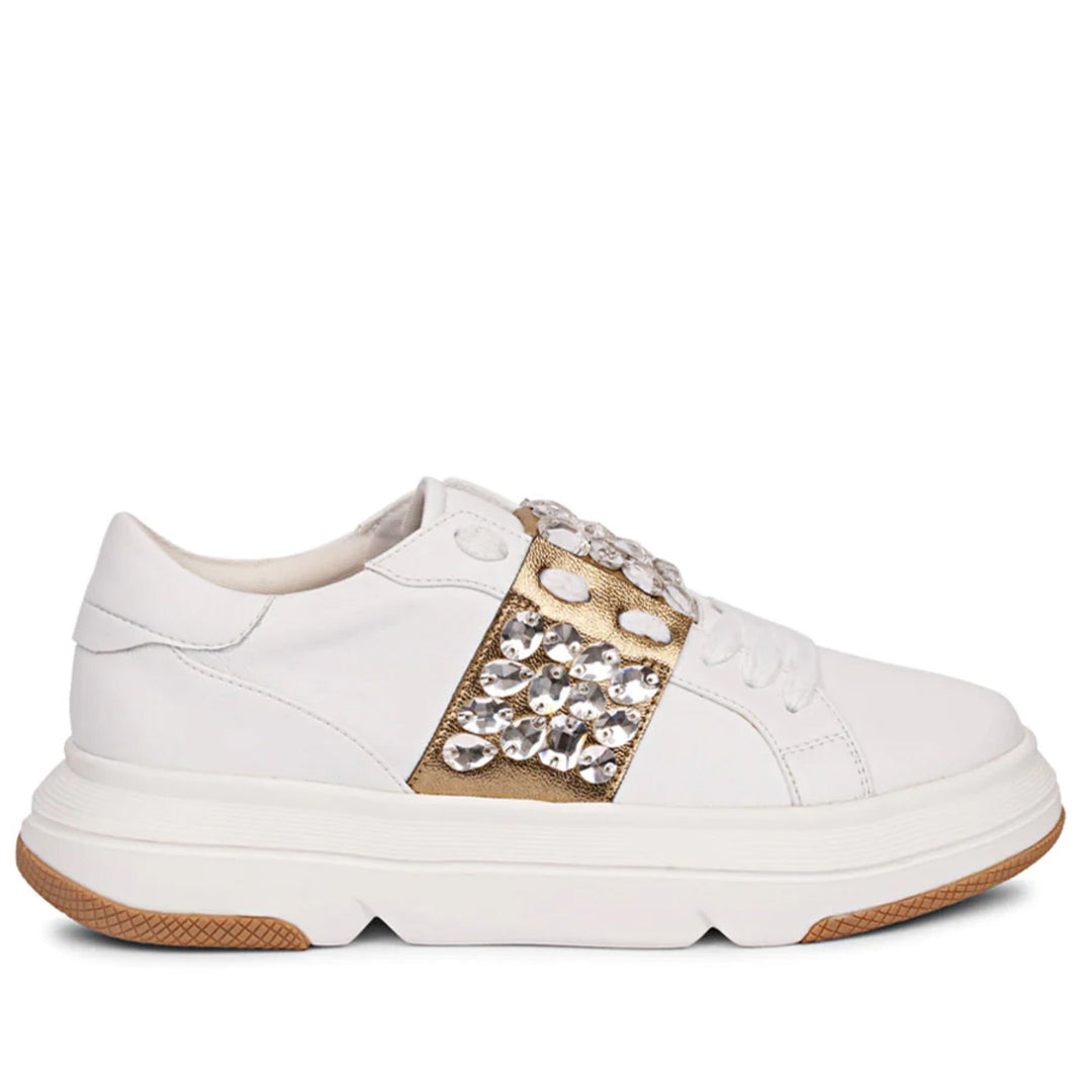 Saint Joanna Crystal Off White Leather Sneakers - Elegant off-white sneakers with crystal embellishments for a touch of glamour and timeless style.