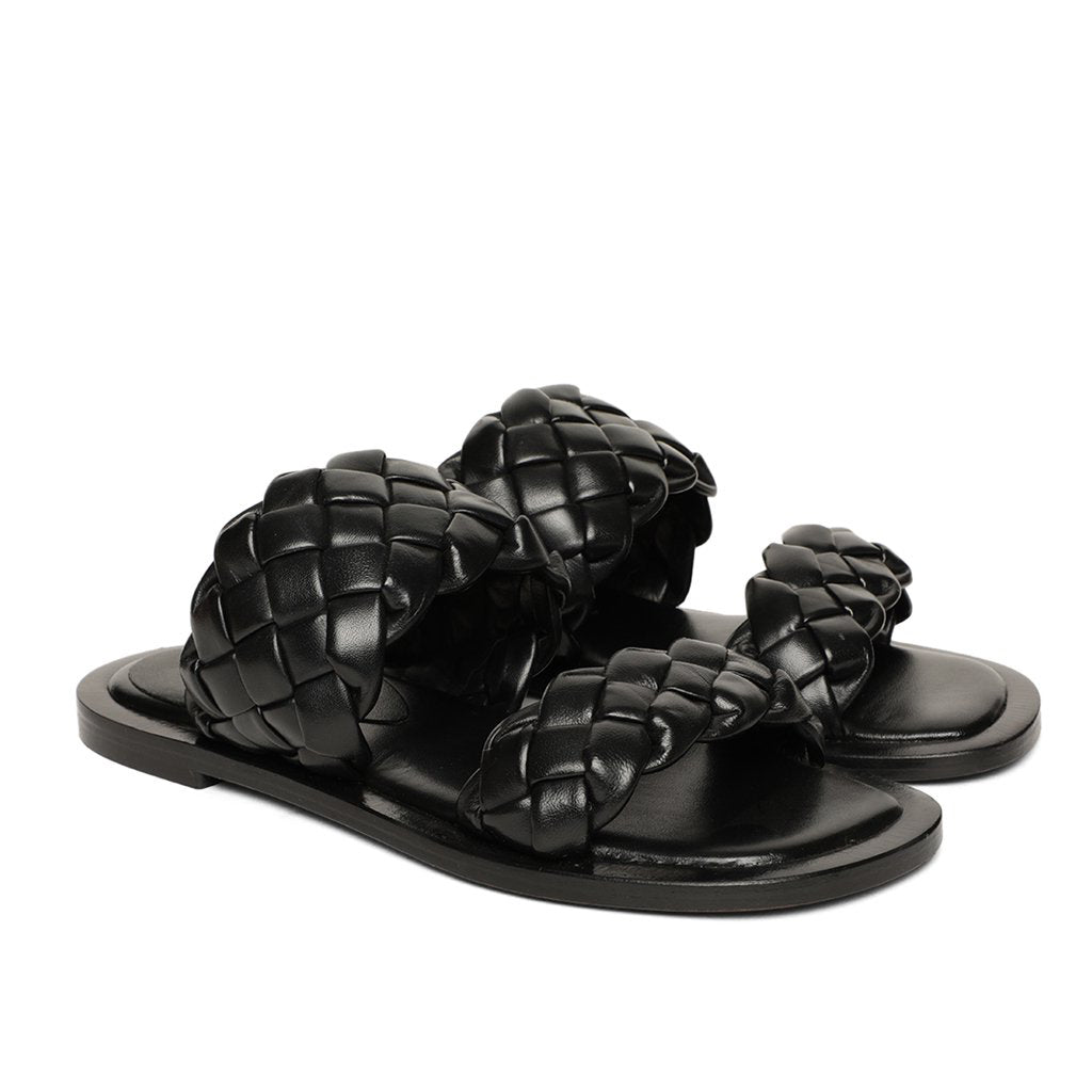 Saint Bruna Black Woven Leather Sliders