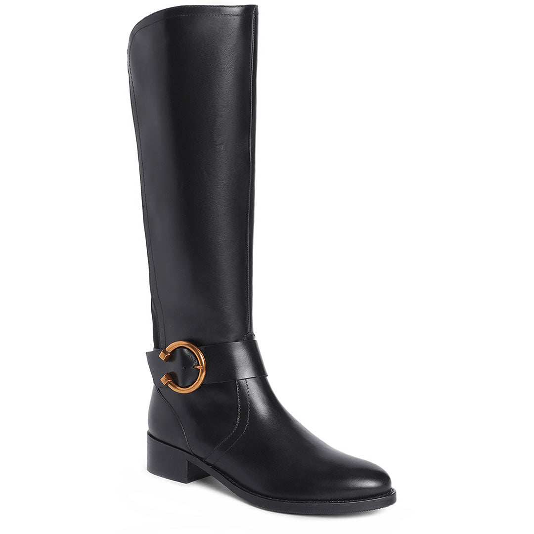 Buy Women's Marisa Gold Buckle Decorative Black Leather Long Boots Online Black / US 5-5.5 / EU 36