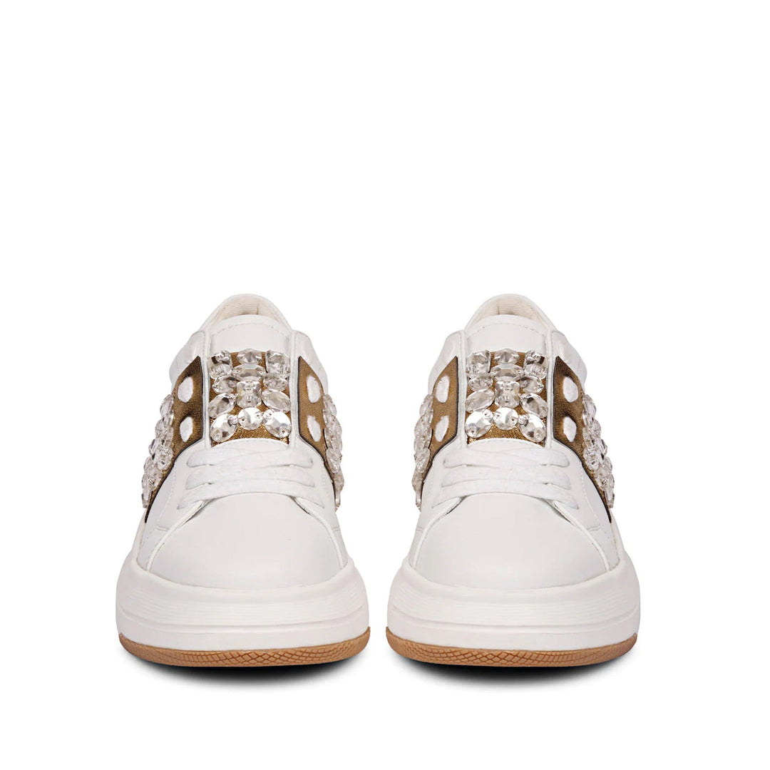 Saint Joanna Crystal Off White Leather Sneakers - Elegant off-white sneakers with crystal embellishments for a touch of glamour and timeless style.