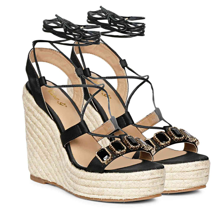 Saint Darina Stone Embellished Lace Up Leather Black Wedge Heels