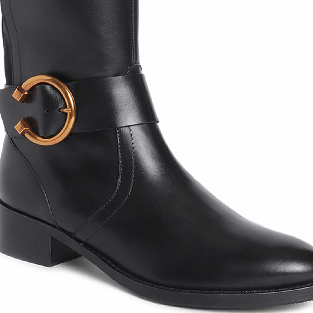 Saint Marisa Gold Buckle Decorative Black Leather Long Boots Saint Marisa Gold Buckle Decorative Black Leather Long Boots